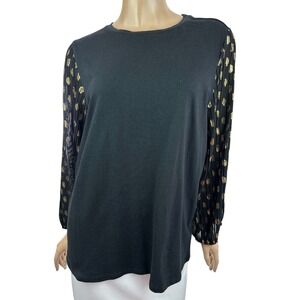 Express size L Black Pullover Blouse 3/4 Balloon Sleeves w Gold Dots Cotton/Poly
